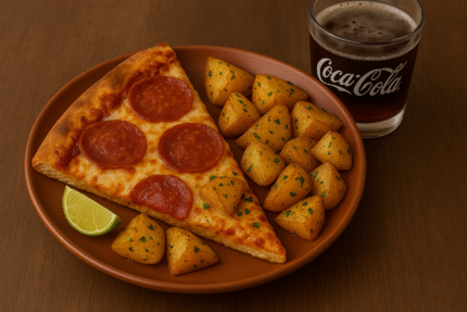 Fatia de Pizza + Batata + Bebida – Fatia de pizza com batata e bebida